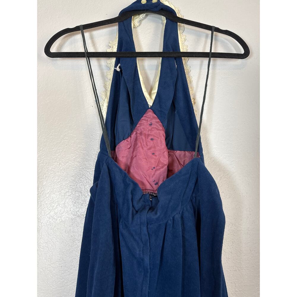Vintage Navy Blue Halter Dress Lace Collar Cottage Luxe Small 7 Velour Victorian - Picture 6 of 7
